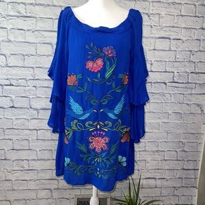 Judith March Embroidered Birds Top Blouse Tunic Bell Sleeves Sz S
